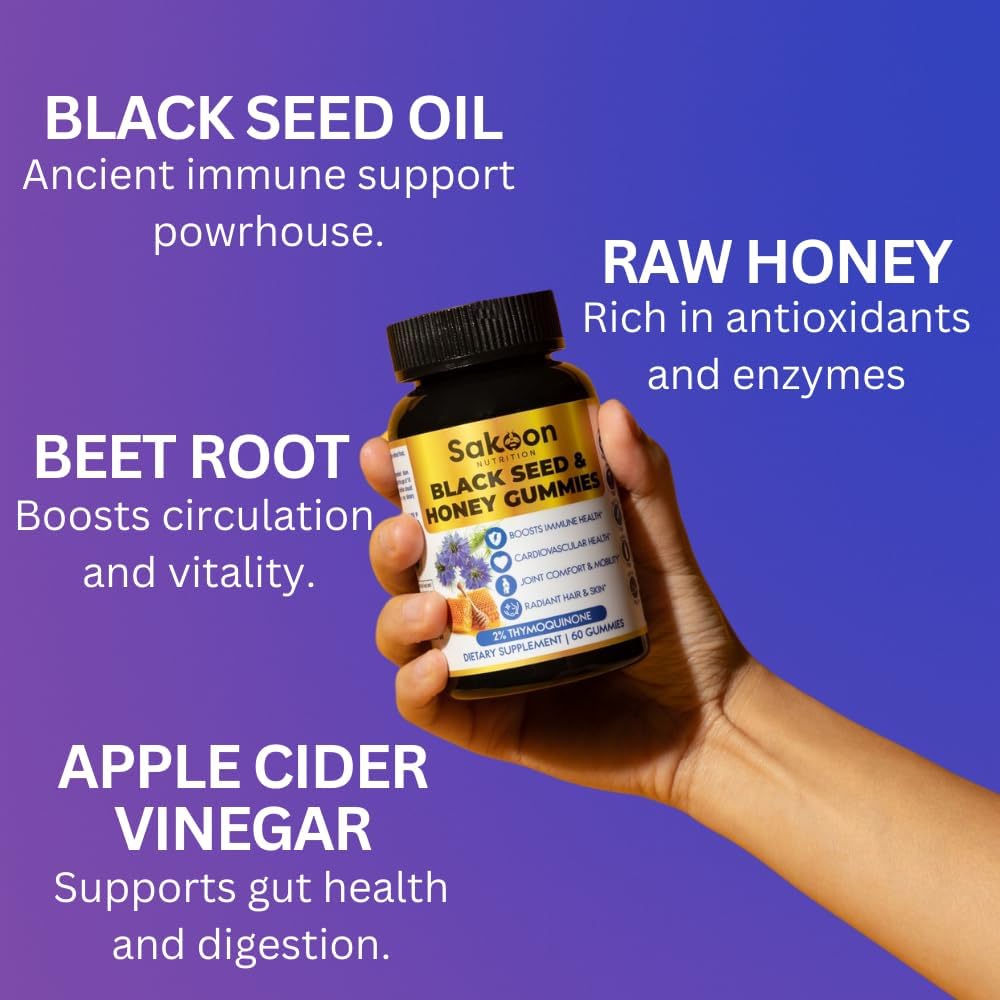 Sakoon nutrition Black Seed Oil Gummies with Honey and W/ 2%+ THYMOQUINONE - Nigella Sativa Seeds - Super antioxidant for Immune Support, Joints, Digestion, Hair & Skin - 60 Gummies