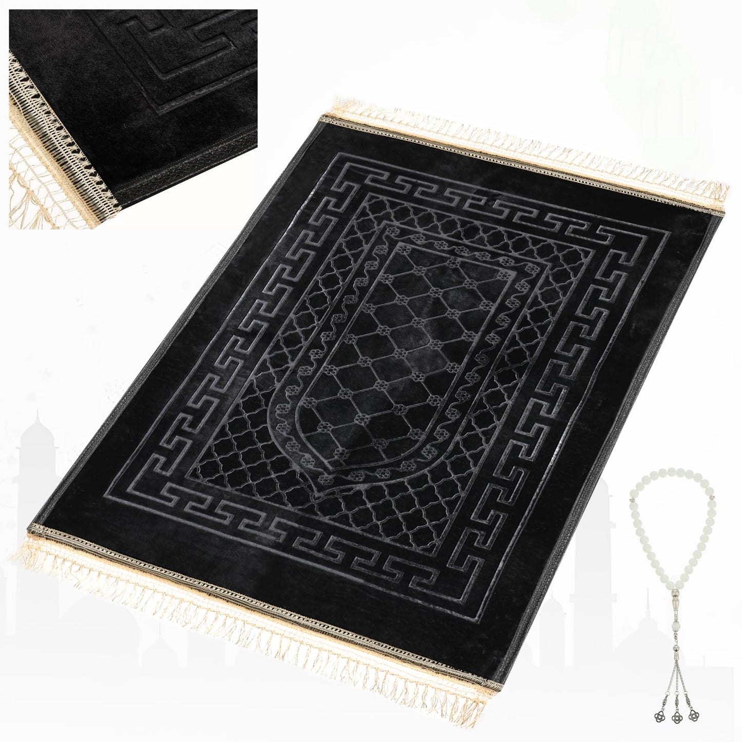 Soft Padded Muslim Prayer Rug with Tasbih Beads, Thick Non-Slip Islamic Prayer Mat, Luxurious Janamaz for Men & Women (Pink)