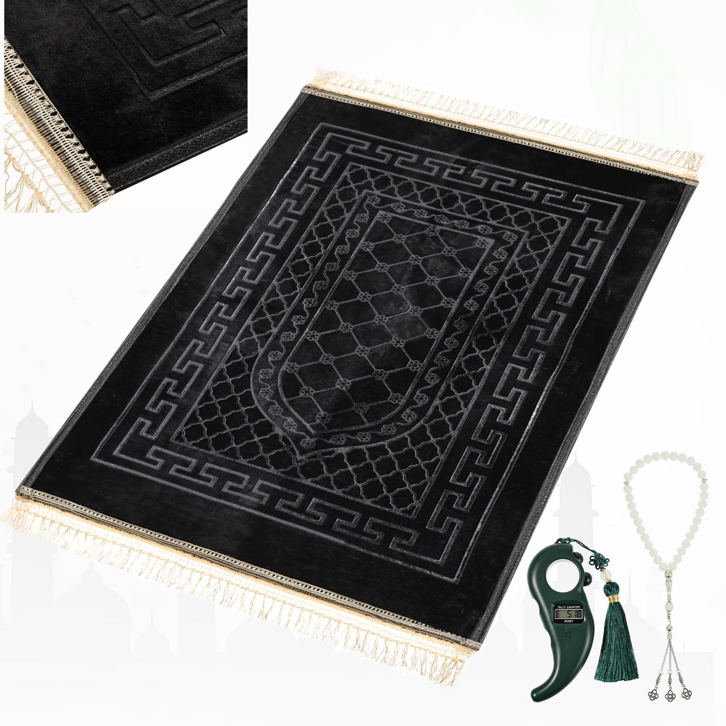 Soft Padded Muslim Prayer Rug with Tasbih Beads, Thick Non-Slip Islamic Prayer Mat, Luxurious Janamaz for Men & Women (Pink)