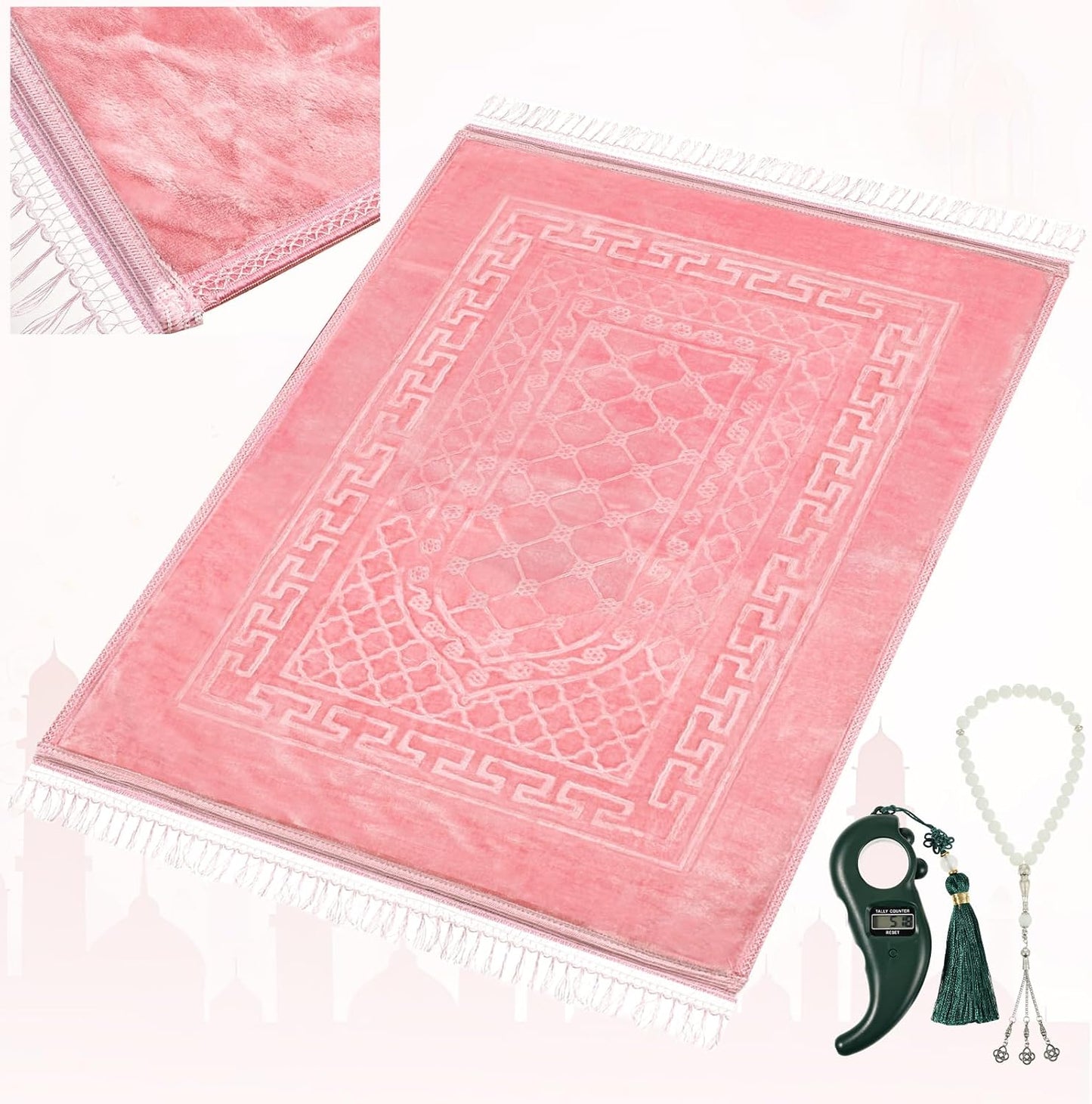 Soft Padded Muslim Prayer Rug with Tasbih Beads, Thick Non-Slip Islamic Prayer Mat, Luxurious Janamaz for Men & Women (Pink)