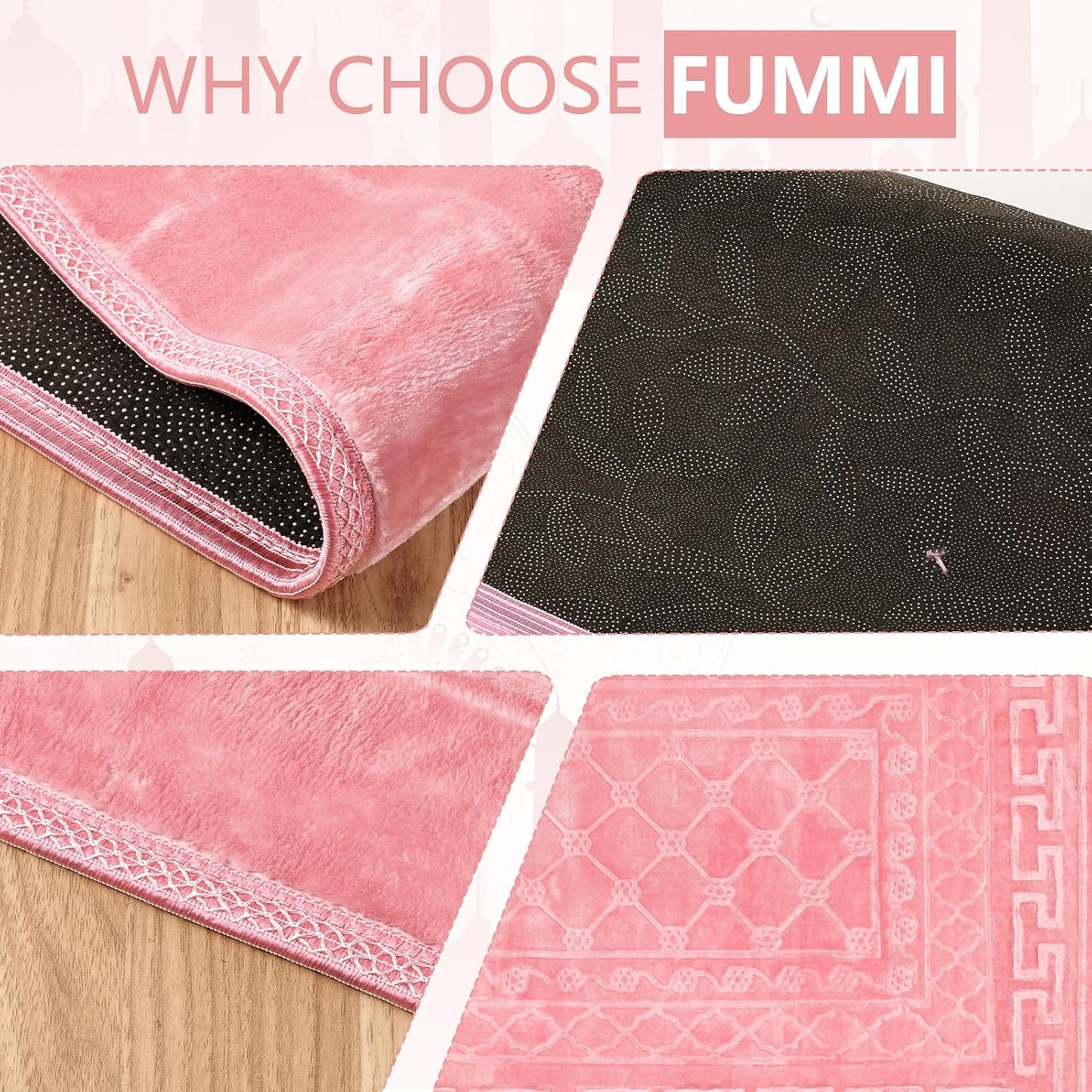 Soft Padded Muslim Prayer Rug with Tasbih Beads, Thick Non-Slip Islamic Prayer Mat, Luxurious Janamaz for Men & Women (Pink)