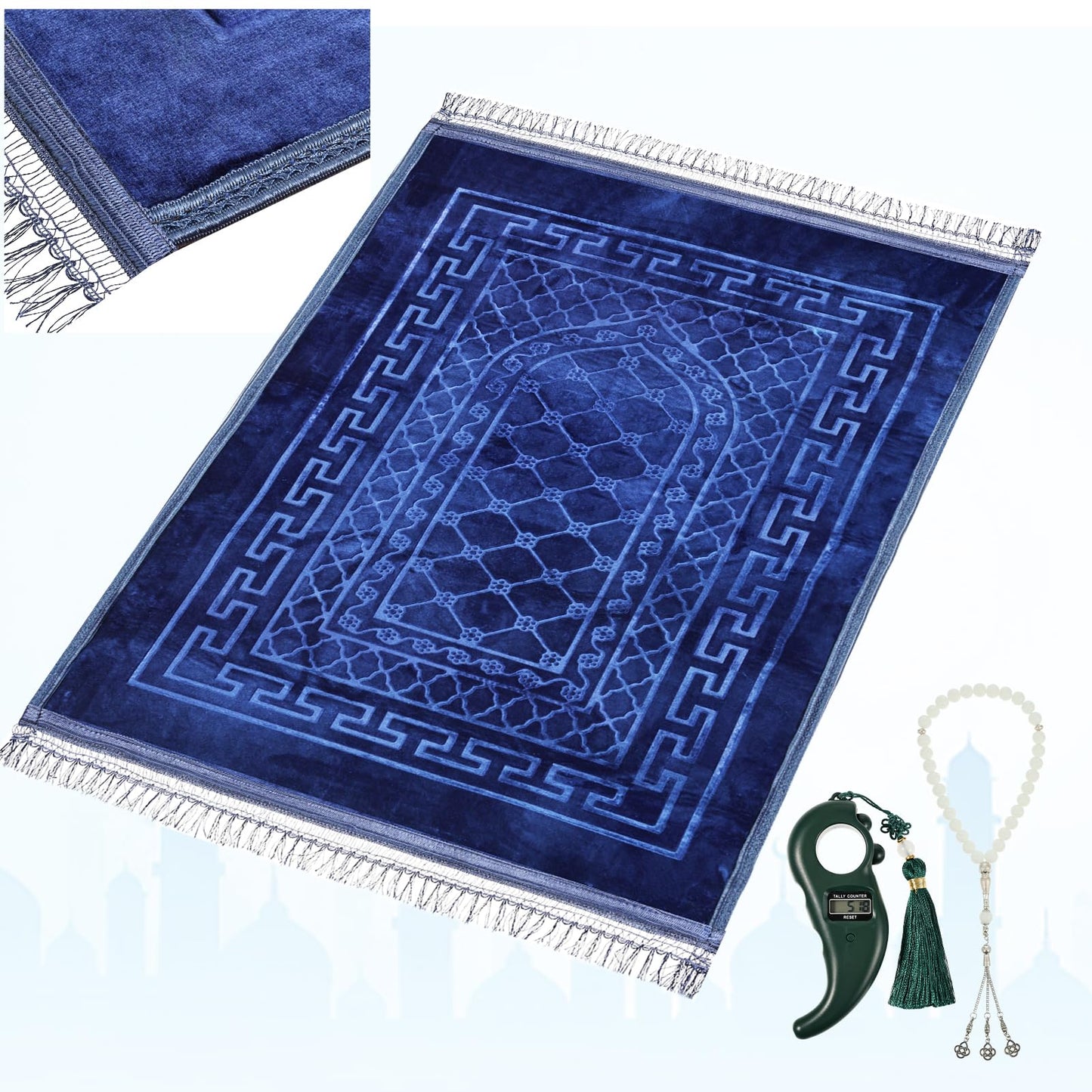 Soft Padded Muslim Prayer Rug with Tasbih Beads, Thick Non-Slip Islamic Prayer Mat, Luxurious Janamaz for Men & Women (Pink)