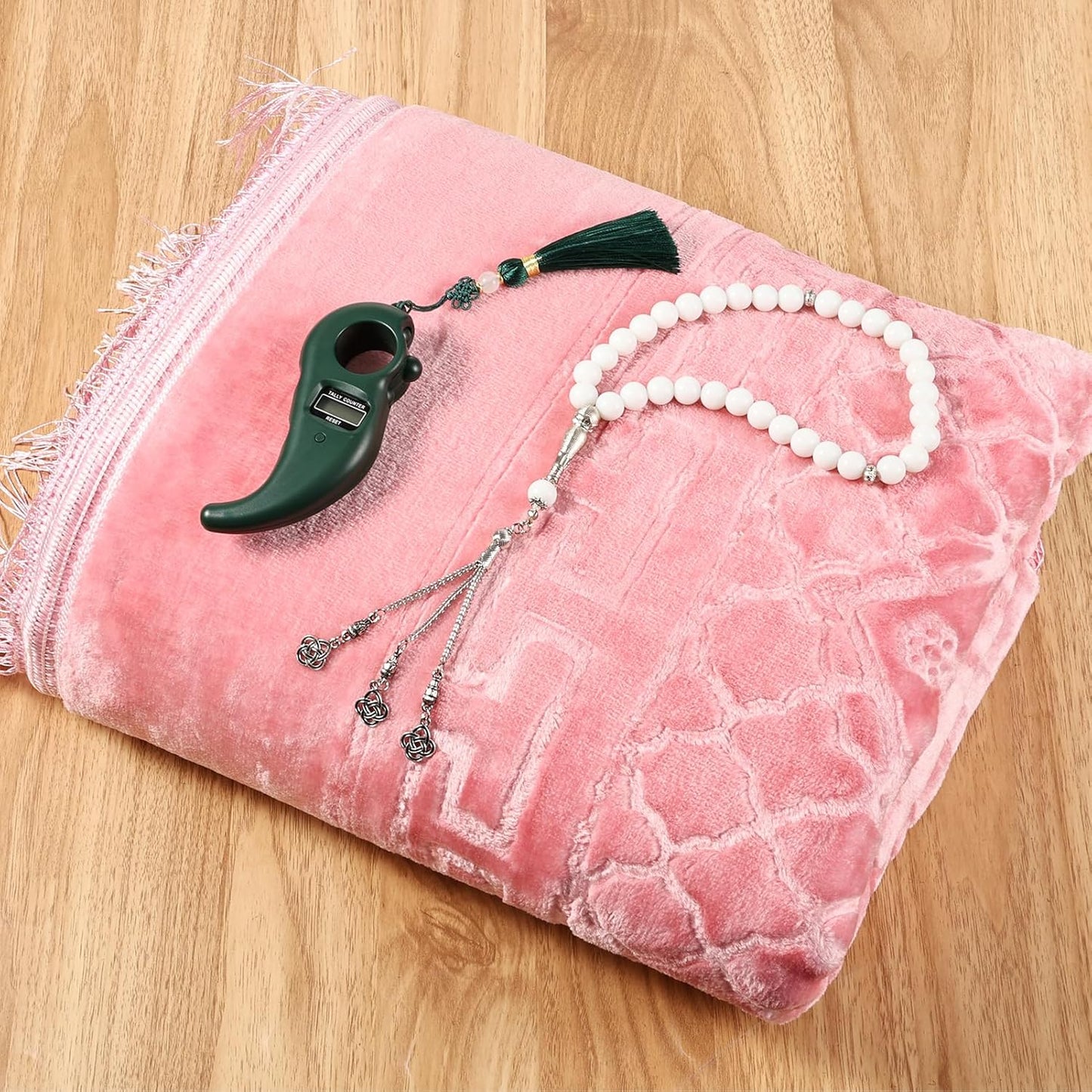 Soft Padded Muslim Prayer Rug with Tasbih Beads, Thick Non-Slip Islamic Prayer Mat, Luxurious Janamaz for Men & Women (Pink)