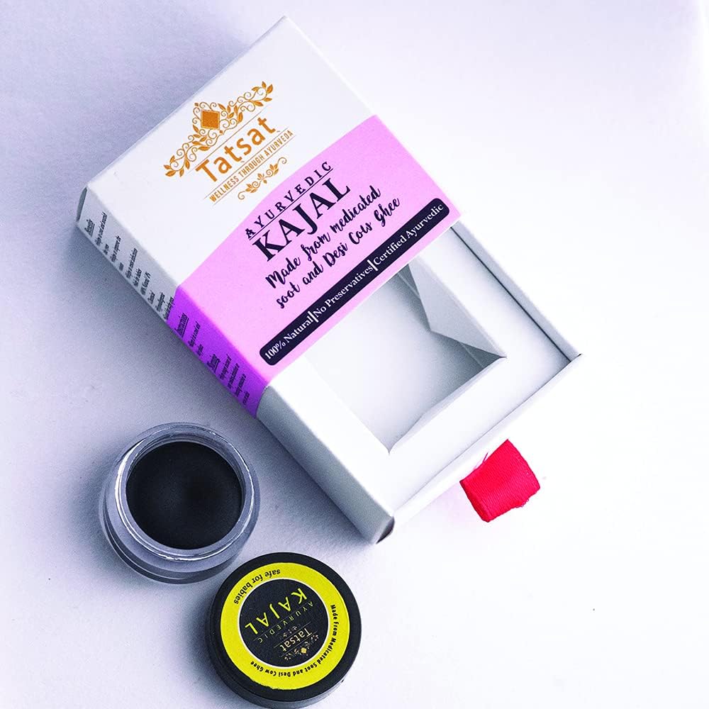 TATSAT - WELLNESS THROUGH AYURVEDA BABY Kajal,Natural,herbal and ayurvedic With Medicated Soot And Desi Cow Ghee|Safe For Babies|Lab Tested|No Preservatives, Black, Matte Finish