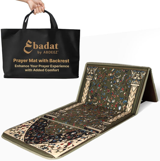 ABDEEZ Exclusive Foldable Prayer mat with Back Support, Flannel Fabric | Extra Padding for Comfort | Easy to Carry | Janamaz, Sajadah | Ramadan/Eid Gift, Perfect Mus LIM Gift (Earth Green)