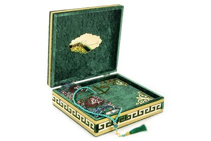 ihvan online Luxury Islamic Prayer Velvet Covered Gift Box, Deluxe 4 Piece Set with Elegant Velvet Covered Quran & Prayer Beads Tesbih & Prayer Rug, Ramadan & Eid Gift, Purple
