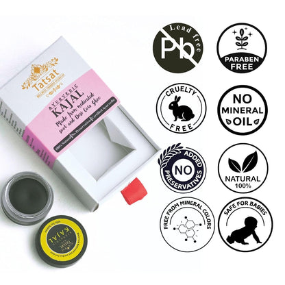 TATSAT - WELLNESS THROUGH AYURVEDA BABY Kajal,Natural,herbal and ayurvedic With Medicated Soot And Desi Cow Ghee|Safe For Babies|Lab Tested|No Preservatives, Black, Matte Finish