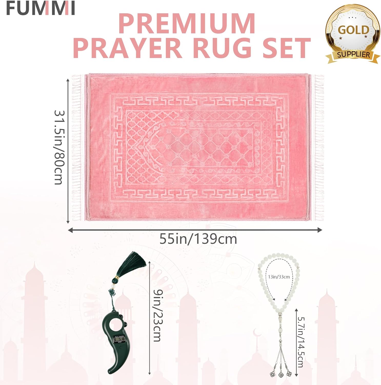 Soft Padded Muslim Prayer Rug with Tasbih Beads, Thick Non-Slip Islamic Prayer Mat, Luxurious Janamaz for Men & Women (Pink)