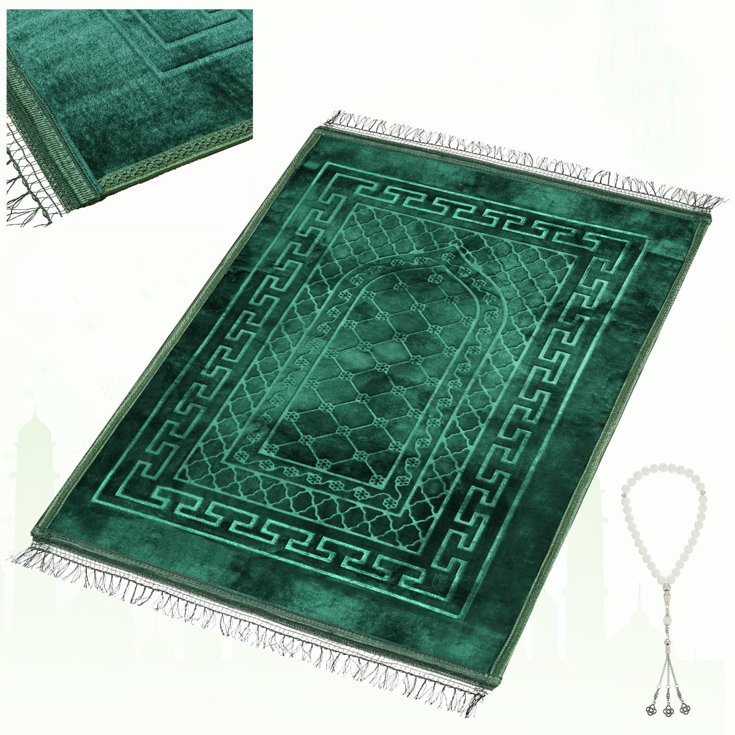 Soft Padded Muslim Prayer Rug with Tasbih Beads, Thick Non-Slip Islamic Prayer Mat, Luxurious Janamaz for Men & Women (Pink)