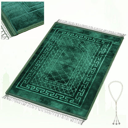 Soft Padded Muslim Prayer Rug with Tasbih Beads, Thick Non-Slip Islamic Prayer Mat, Luxurious Janamaz for Men & Women (Pink)