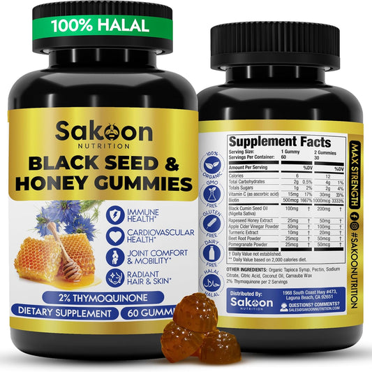 Sakoon nutrition Black Seed Oil Gummies with Honey and W/ 2%+ THYMOQUINONE - Nigella Sativa Seeds - Super antioxidant for Immune Support, Joints, Digestion, Hair & Skin - 60 Gummies