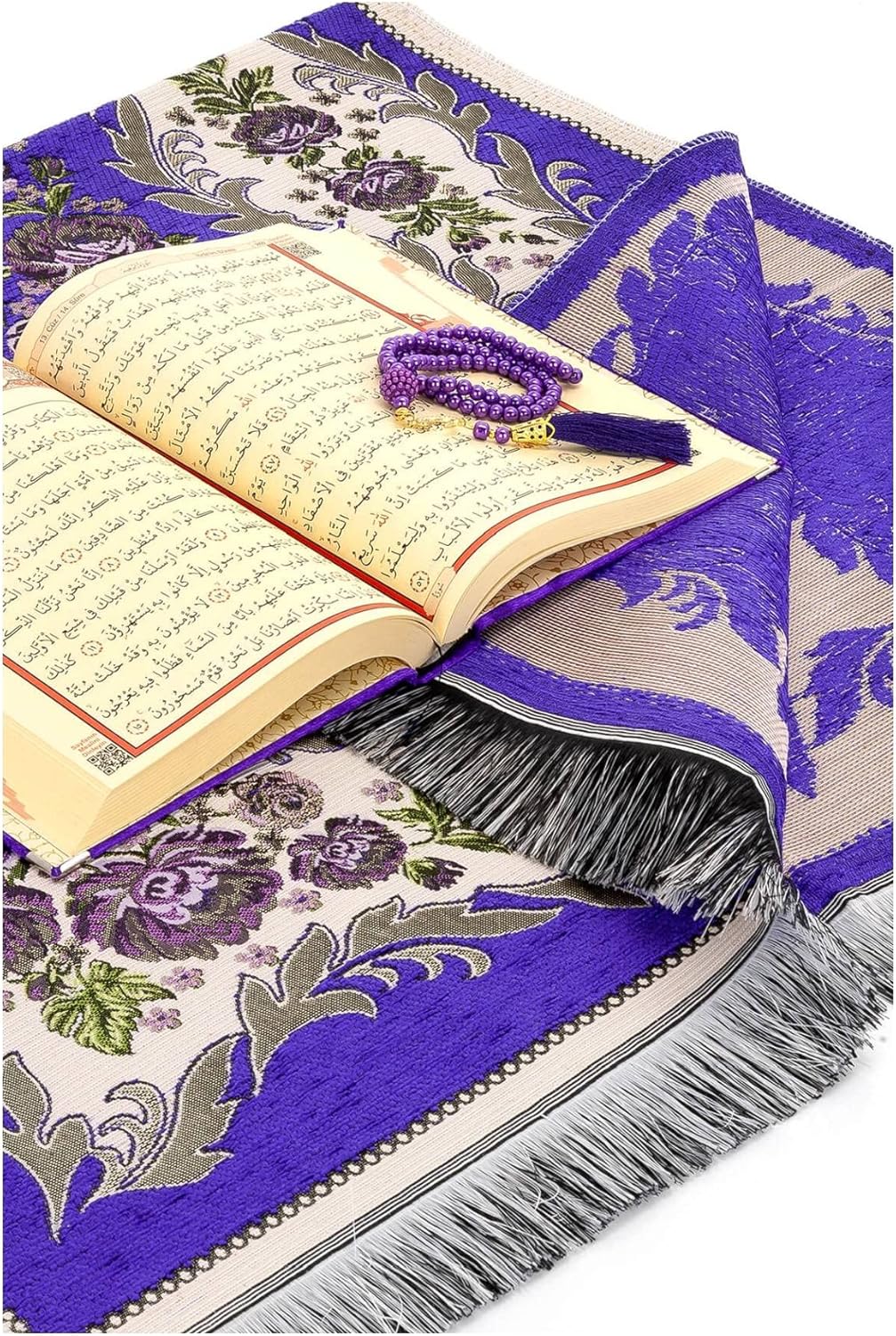 ihvan online Luxury Islamic Prayer Velvet Covered Gift Box, Deluxe 4 Piece Set with Elegant Velvet Covered Quran & Prayer Beads Tesbih & Prayer Rug, Ramadan & Eid Gift, Purple