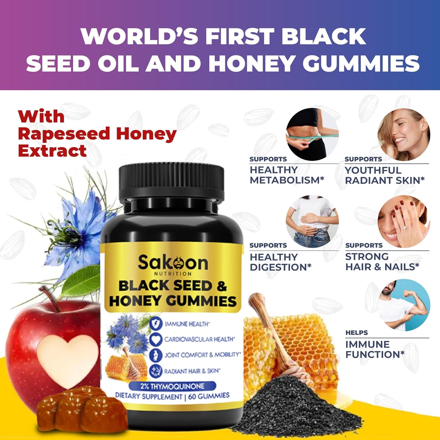 Sakoon nutrition Black Seed Oil Gummies with Honey and W/ 2%+ THYMOQUINONE - Nigella Sativa Seeds - Super antioxidant for Immune Support, Joints, Digestion, Hair & Skin - 60 Gummies