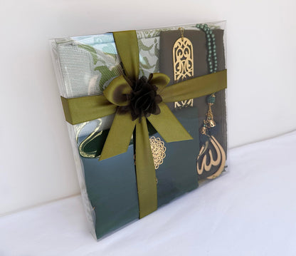 Muslim Prayer Rug, 7 in One Gift Set, Prayer Mat Surah Book, Tasbeeh, Scarf, Surah Case, Bookmark, Car Mirror Hanger, Prayer Beads,Islamic Gift for Umrah, Hajj, Wedding, Janamaz (Blue)