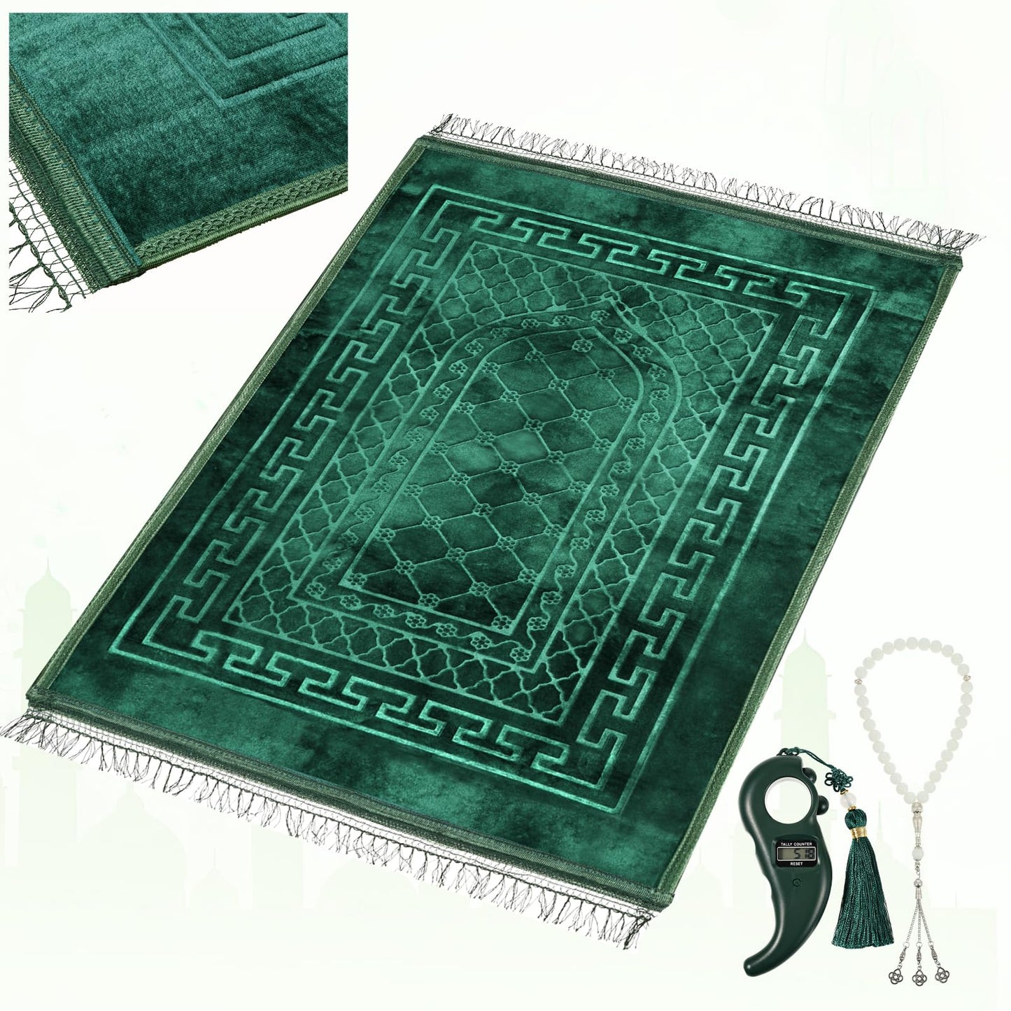 Soft Padded Muslim Prayer Rug with Tasbih Beads, Thick Non-Slip Islamic Prayer Mat, Luxurious Janamaz for Men & Women (Pink)
